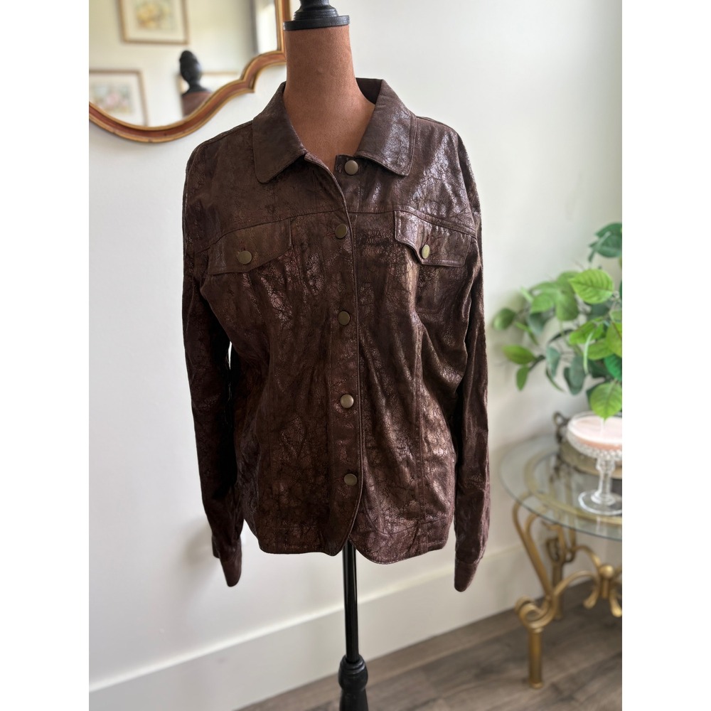 Bamboo Traders Jacket Brown Button Down Shirt Faux Leather Snakeskin Women's
